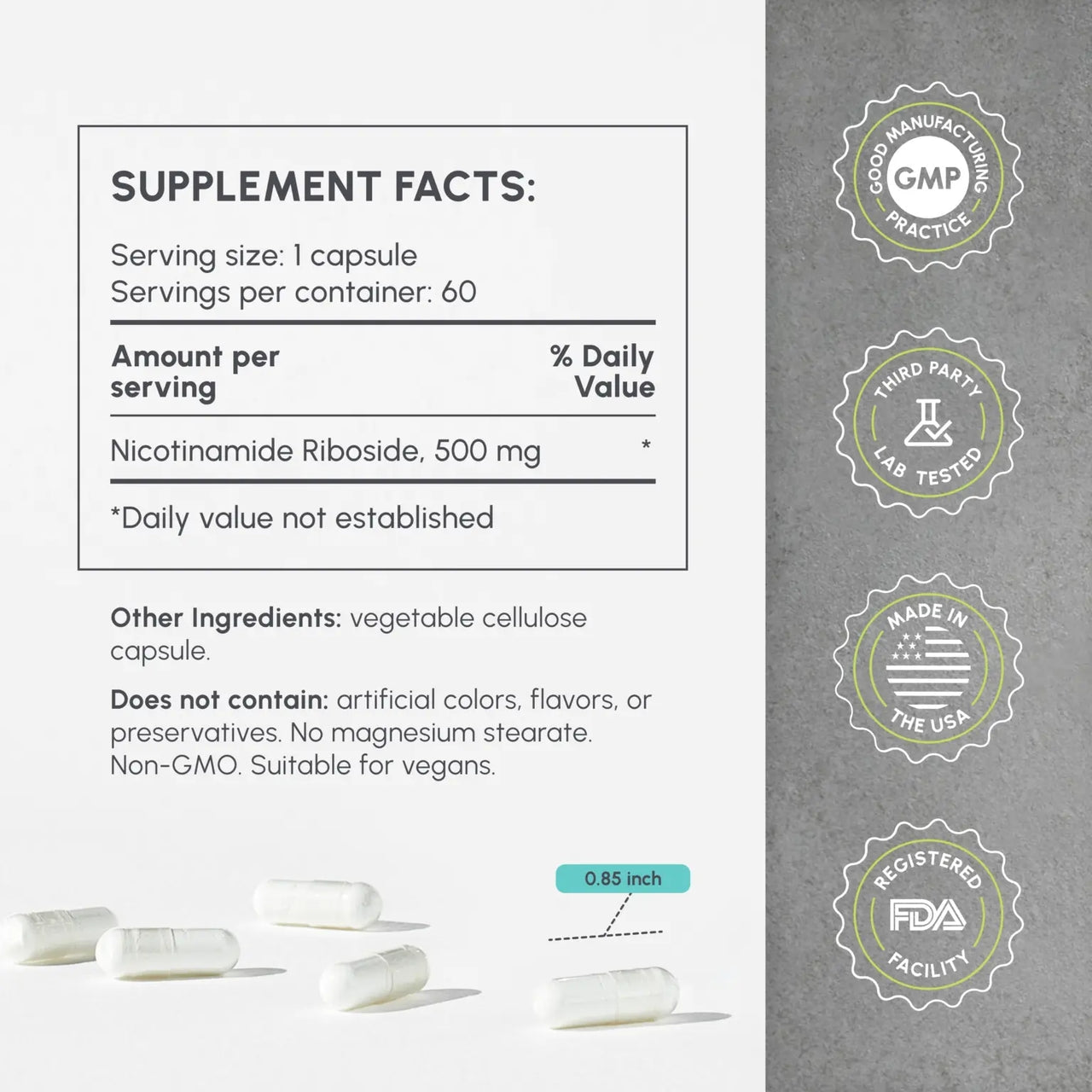 NR Supplement - High Purity Nicotinamide Riboside Capsules - NAD+ Booster for Anti-Aging, Cellular Energy & Repair - Alternative to NMN - 60 Veggie Capsules