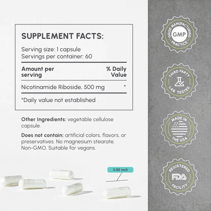 NR Supplement - High Purity Nicotinamide Riboside Capsules - NAD+ Booster for Anti-Aging, Cellular Energy & Repair - Alternative to NMN - 60 Veggie Capsules