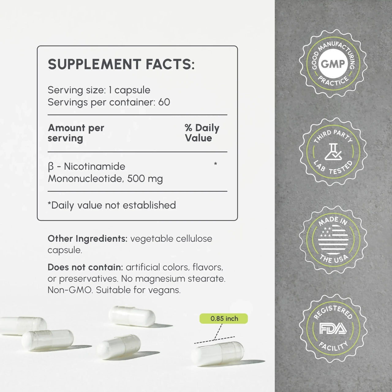 NMN Supplement 500mg - High Purity Nicotinamide Mononucleotide - for Anti-Aging, Cellular Energy & Longevity - 60 Veggie Capsules