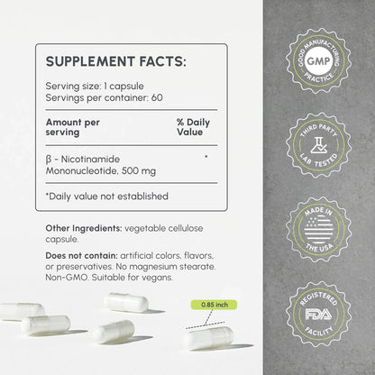 NMN Supplement 500mg - High Purity Nicotinamide Mononucleotide - for Anti-Aging, Cellular Energy & Longevity - 60 Veggie Capsules